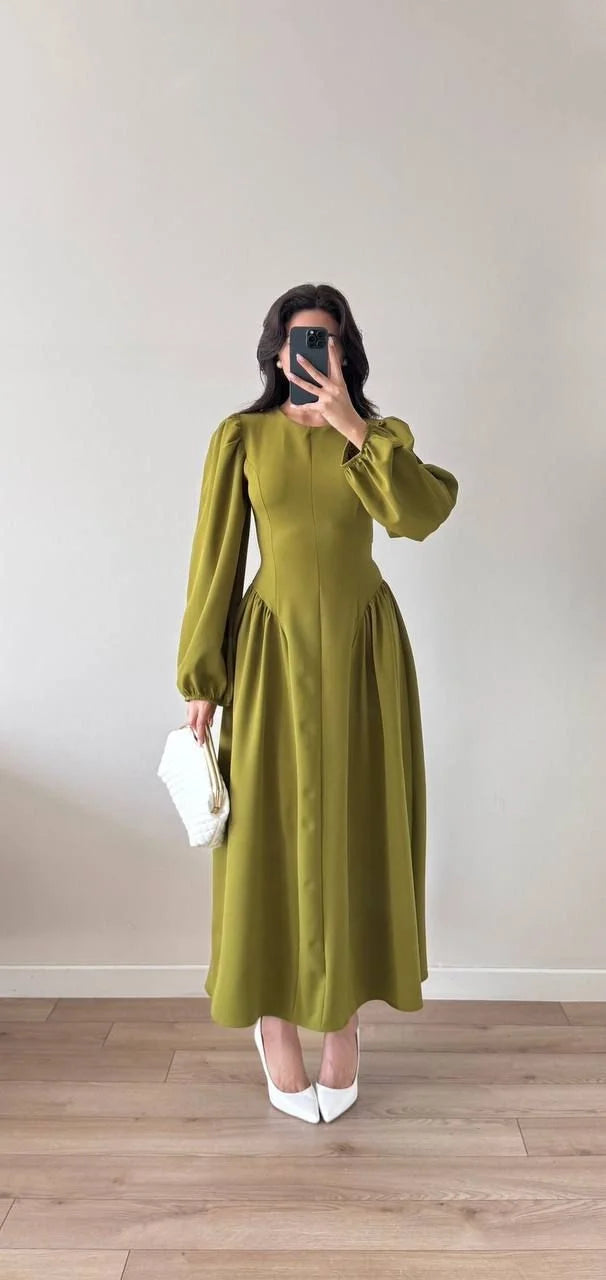 Sırt Kuşak Bağlamalı Uzun Kollu Maxi Balon Kol Elbise