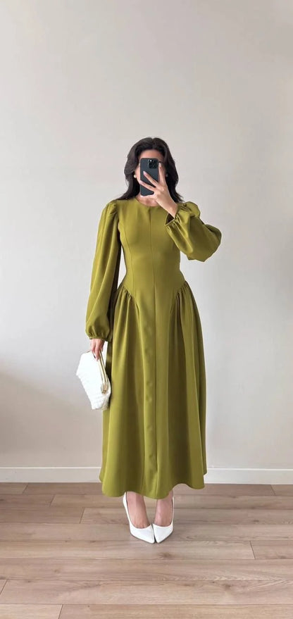 Sırt Kuşak Bağlamalı Uzun Kollu Maxi Balon Kol Elbise