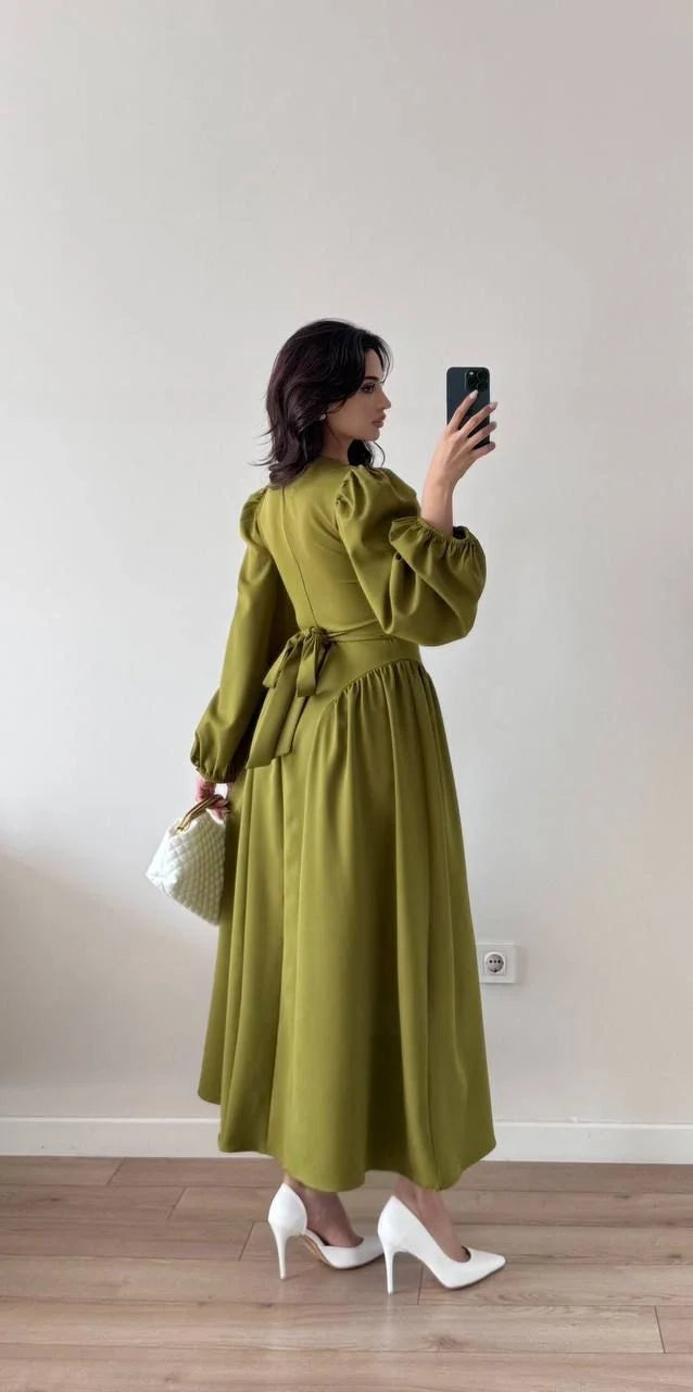 Sırt Kuşak Bağlamalı Uzun Kollu Maxi Balon Kol Elbise